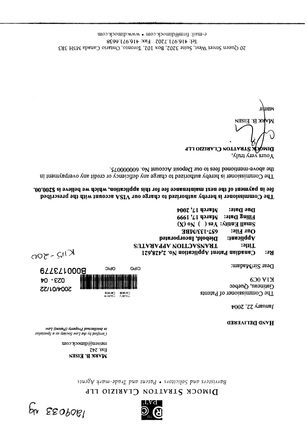 Canadian Patent Document 2428621. Fees 20040122. Image 1 of 1