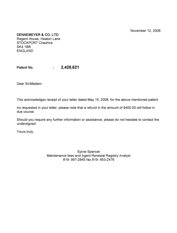 Document de brevet canadien 2428621. Correspondance 20081112. Image 1 de 1