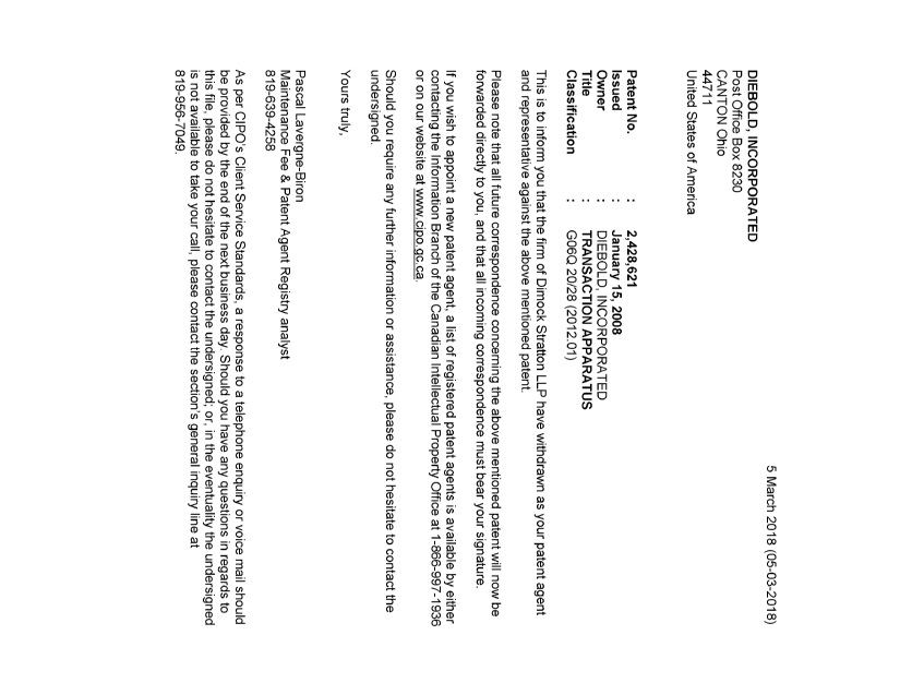 Document de brevet canadien 2428621. Lettre du bureau 20180305. Image 1 de 1