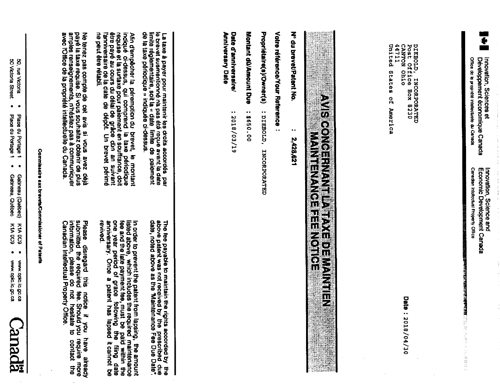Canadian Patent Document 2428621. Returned mail 20180604. Image 1 of 2