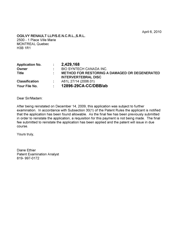 Document de brevet canadien 2429168. Correspondance 20100406. Image 1 de 1