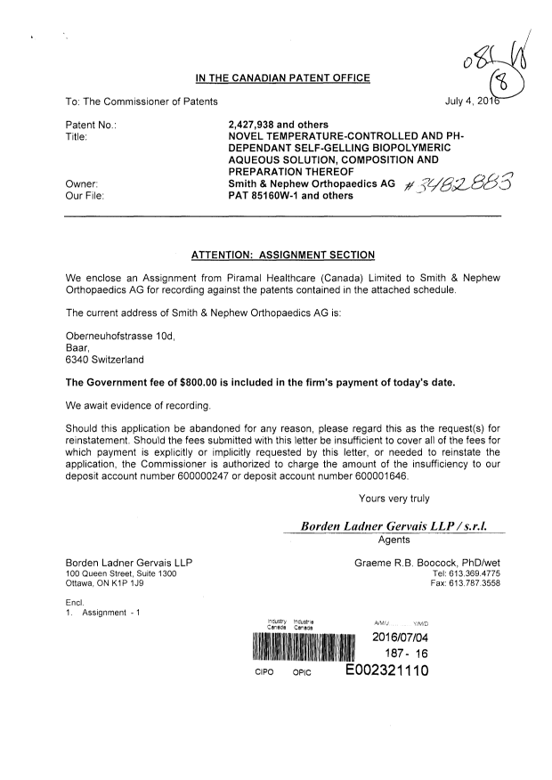 Document de brevet canadien 2429168. Cession 20160704. Image 1 de 28