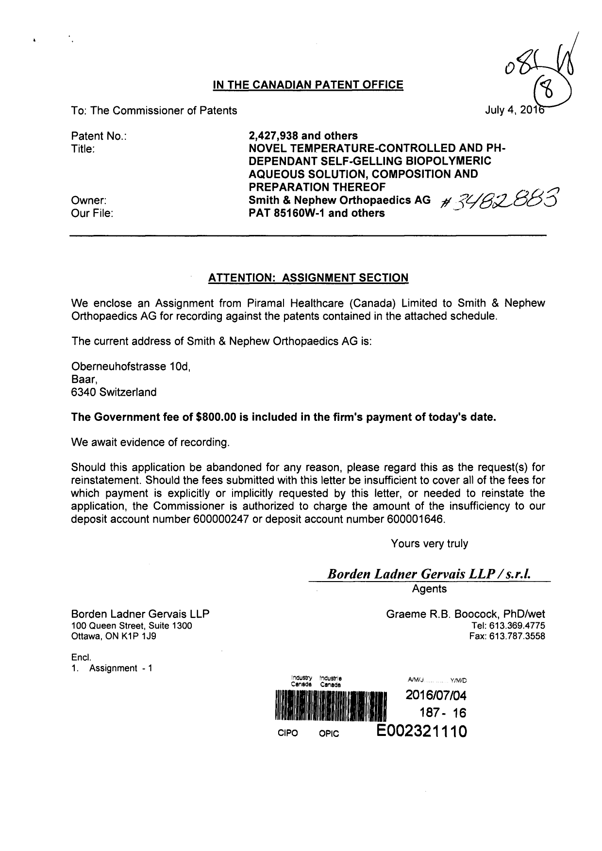 Document de brevet canadien 2429168. Cession 20160704. Image 1 de 28