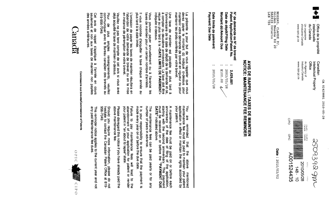Document de brevet canadien 2429881. Taxes 20100528. Image 1 de 1