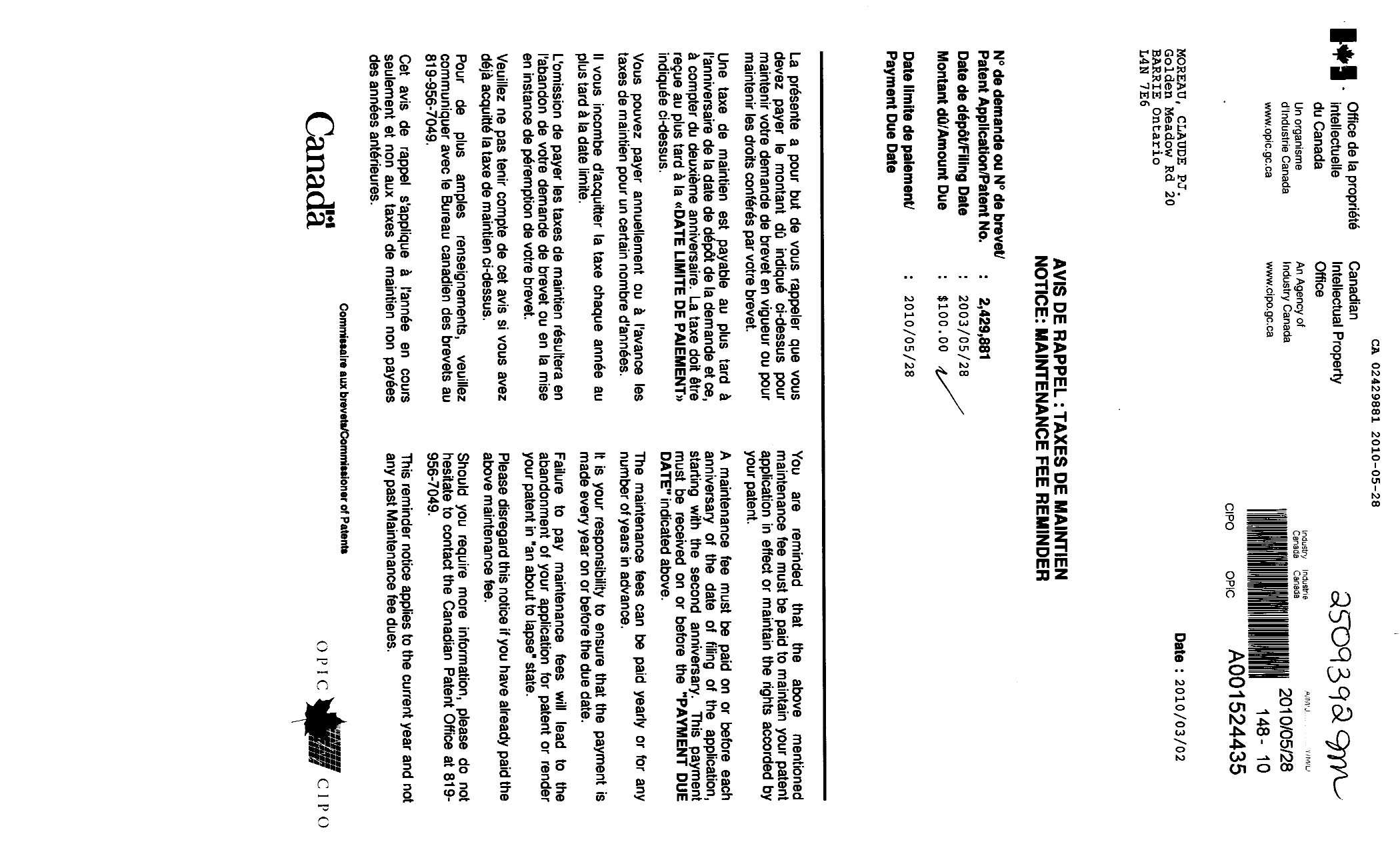 Canadian Patent Document 2429881. Fees 20100528. Image 1 of 1
