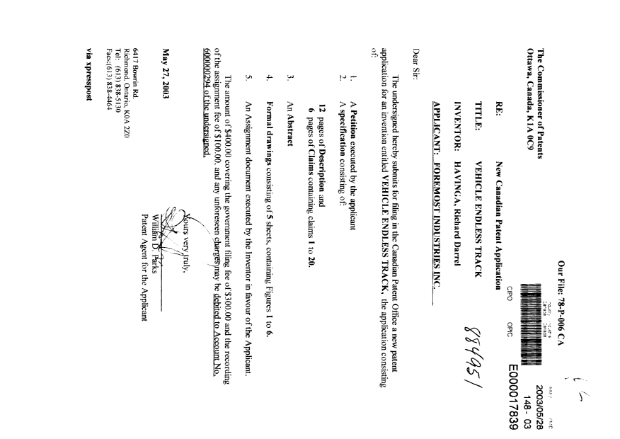 Document de brevet canadien 2430028. Cession 20030528. Image 1 de 4