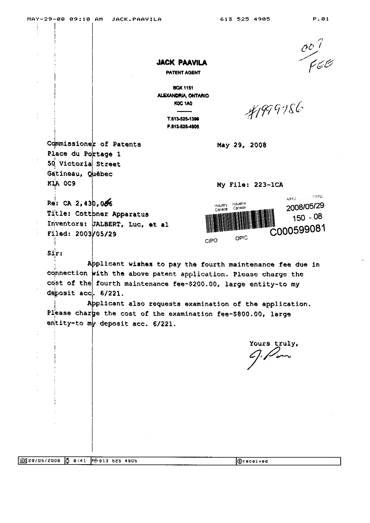 Document de brevet canadien 2430066. Poursuite-Amendment 20080529. Image 1 de 1