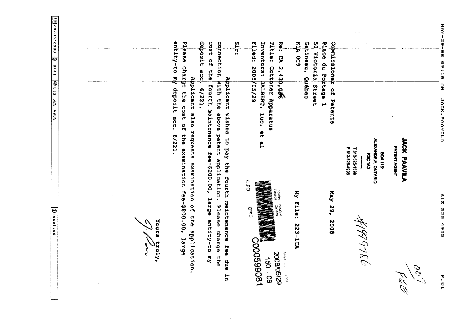 Canadian Patent Document 2430066. Prosecution-Amendment 20080529. Image 1 of 1