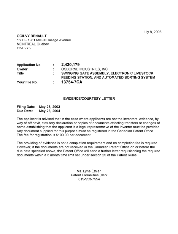 Document de brevet canadien 2430179. Correspondance 20030702. Image 1 de 1
