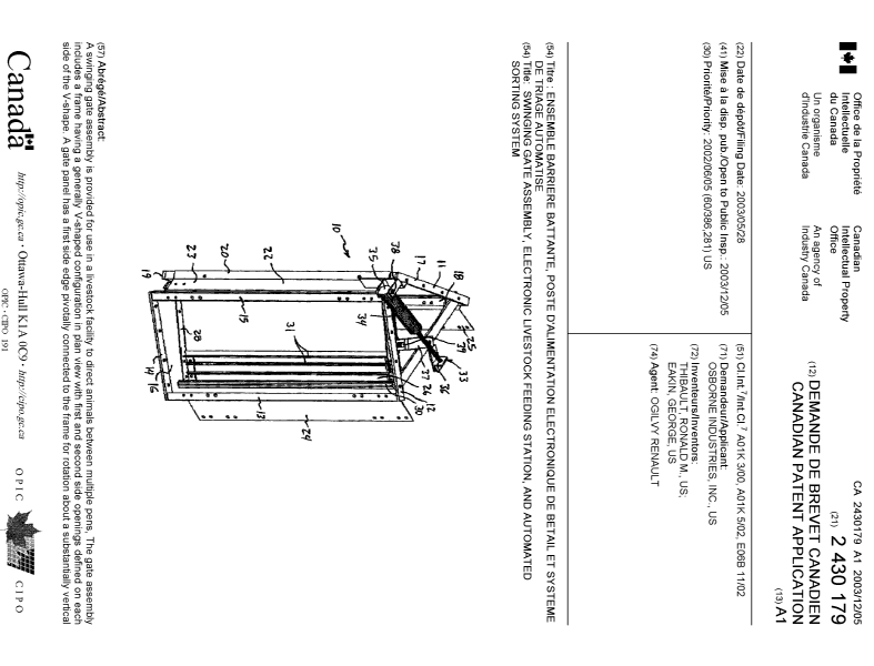Document de brevet canadien 2430179. Page couverture 20031107. Image 1 de 2