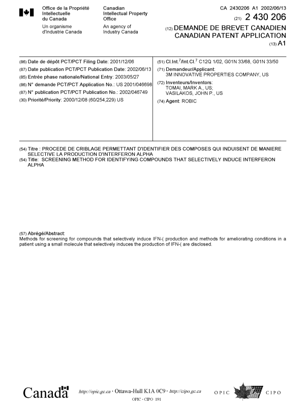 Document de brevet canadien 2430206. Page couverture 20030725. Image 1 de 1