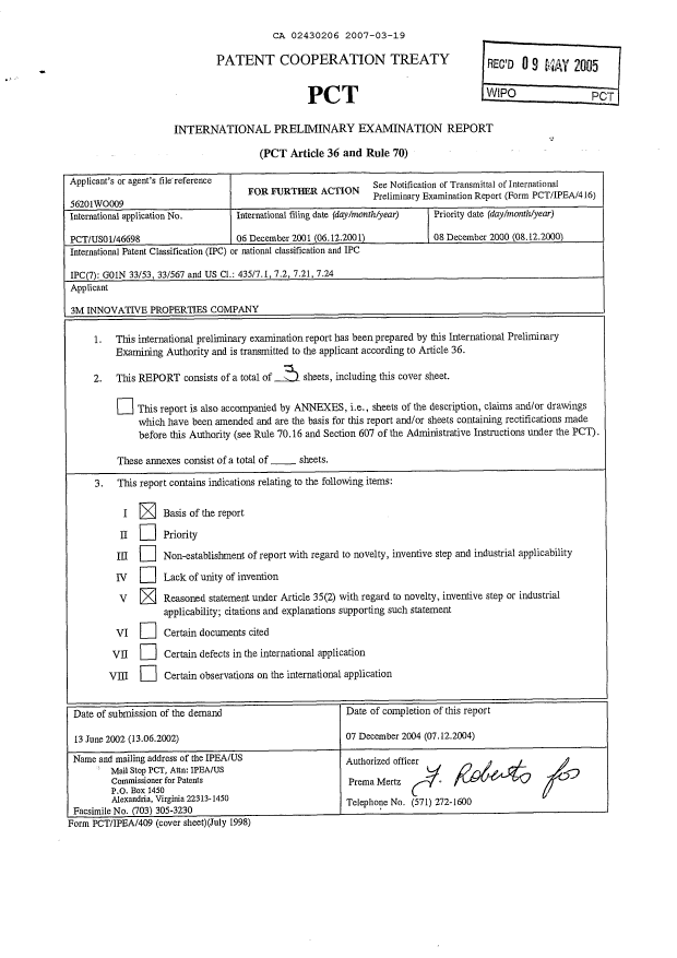 Document de brevet canadien 2430206. PCT 20070319. Image 1 de 3