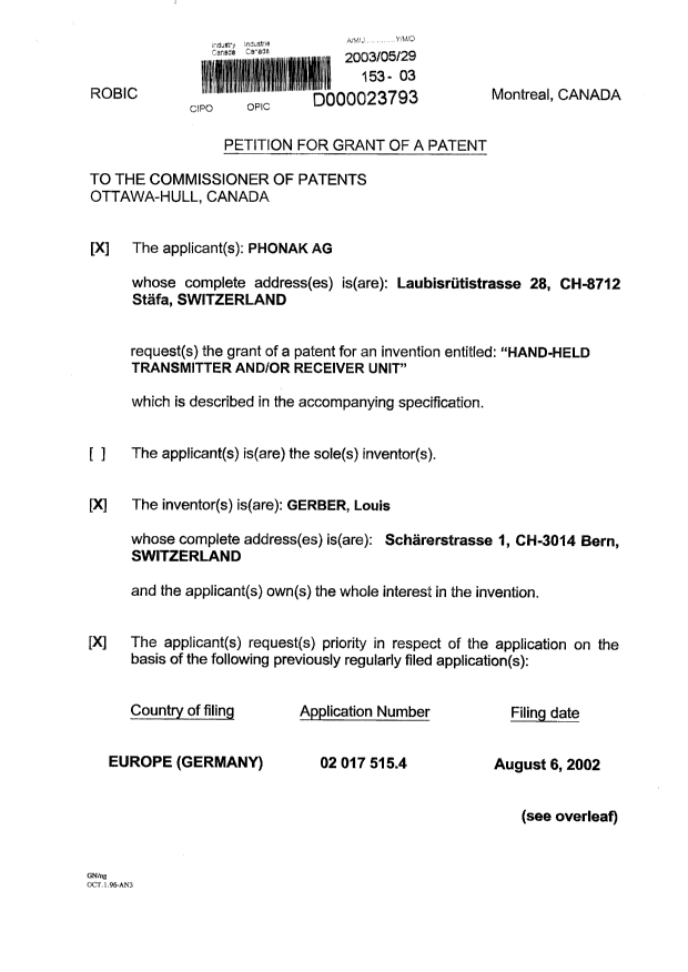 Document de brevet canadien 2430380. Cession 20030529. Image 2 de 3