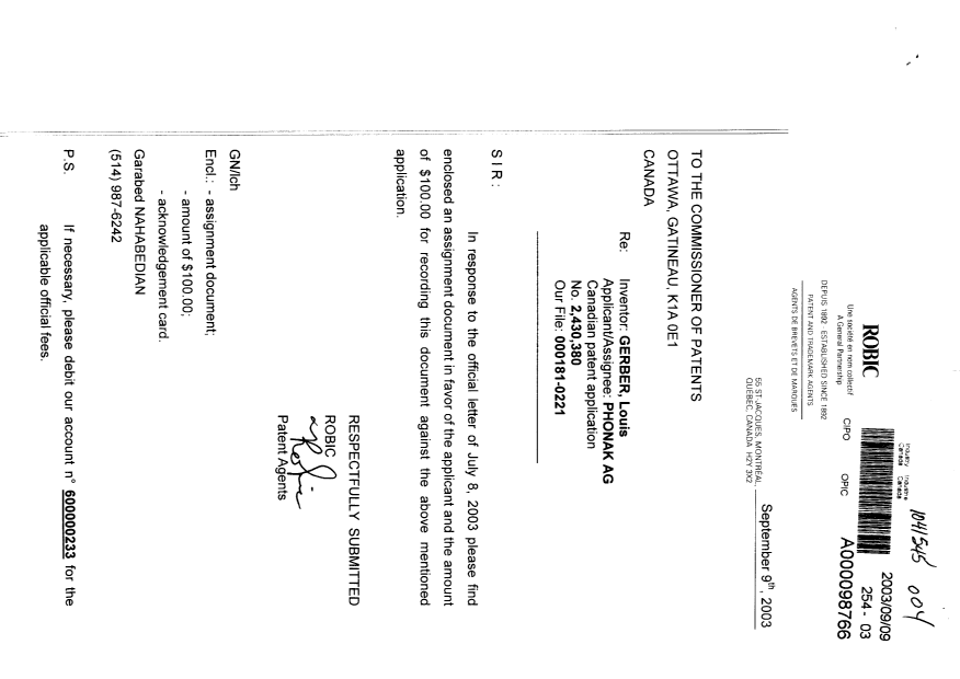 Document de brevet canadien 2430380. Cession 20030909. Image 1 de 2