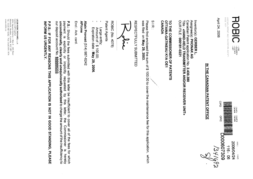 Document de brevet canadien 2430380. Taxes 20060424. Image 1 de 1
