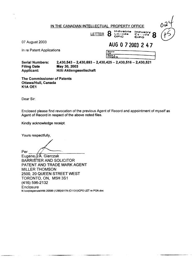 Document de brevet canadien 2430425. Cession 20030530. Image 2 de 5