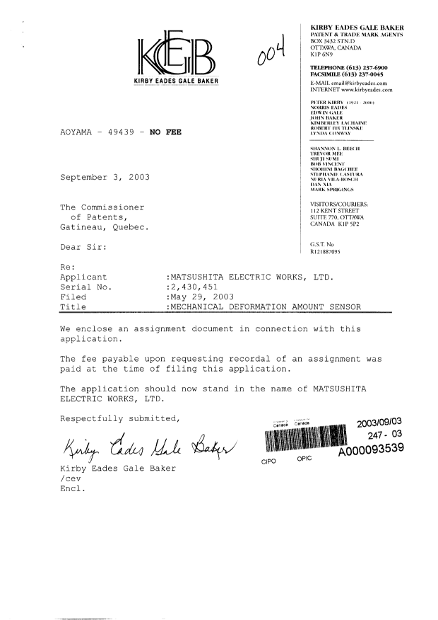 Canadian Patent Document 2430451. Assignment 20030903. Image 1 of 2