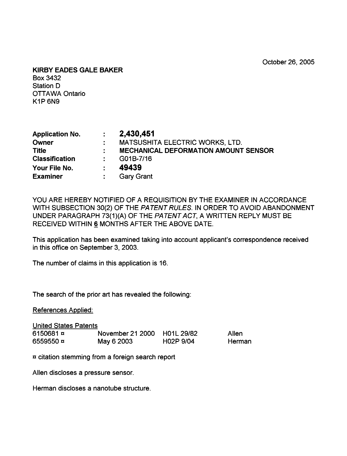 Canadian Patent Document 2430451. Prosecution-Amendment 20051026. Image 1 of 3