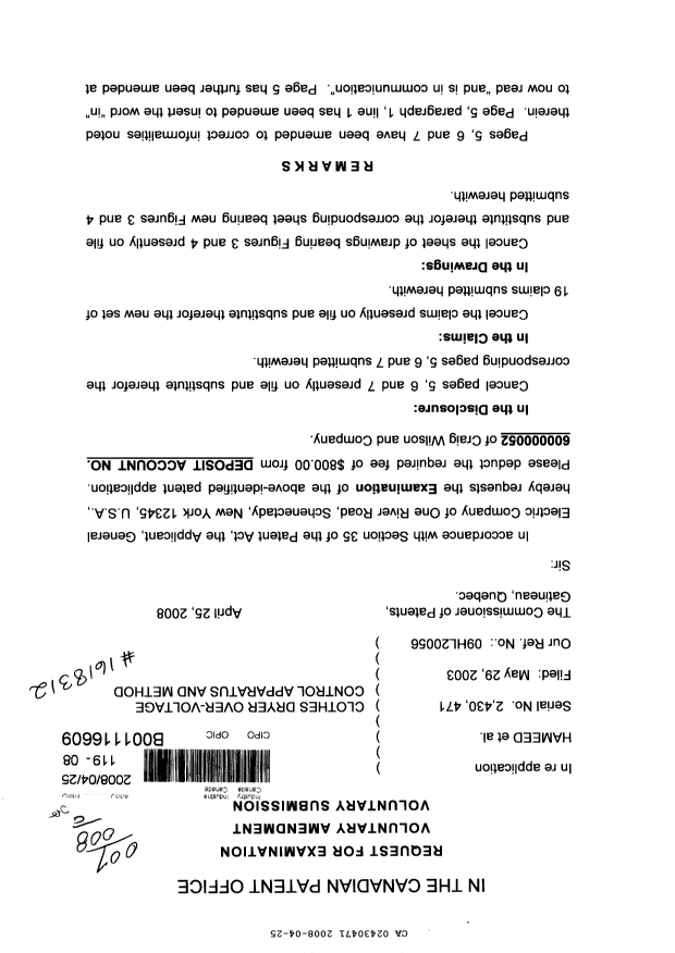 Document de brevet canadien 2430471. Poursuite-Amendment 20080425. Image 1 de 11