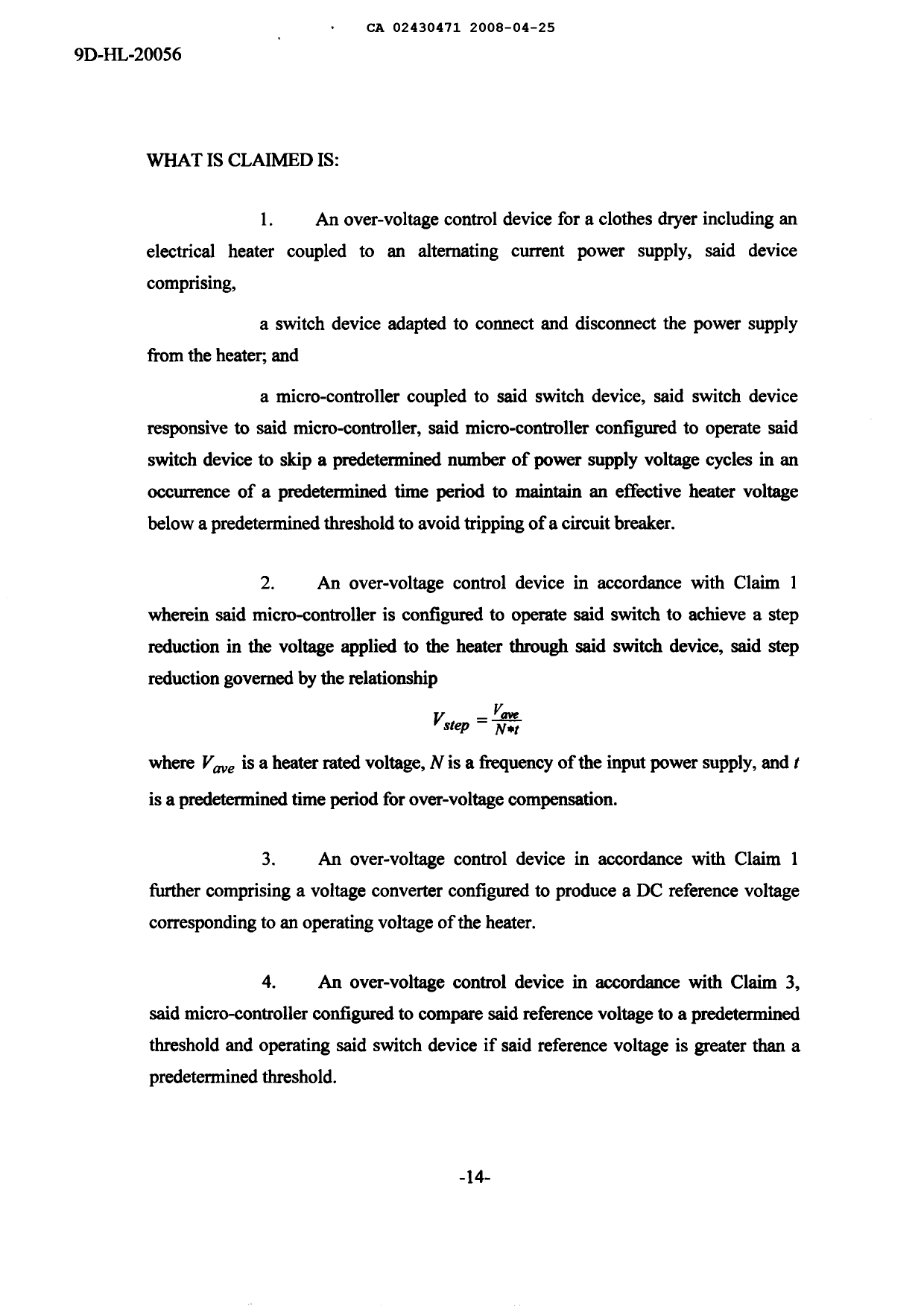 Document de brevet canadien 2430471. Revendications 20080425. Image 1 de 5