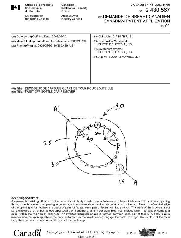 Document de brevet canadien 2430567. Page couverture 20031104. Image 1 de 1