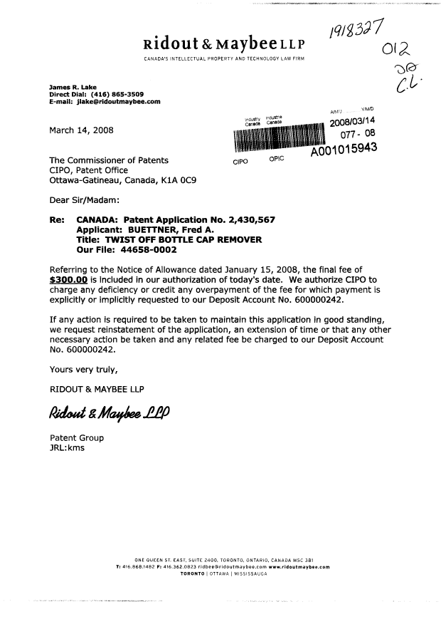 Document de brevet canadien 2430567. Correspondance 20080314. Image 1 de 1