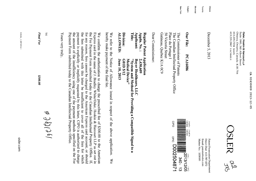 Document de brevet canadien 2430609. Correspondance 20131205. Image 1 de 1