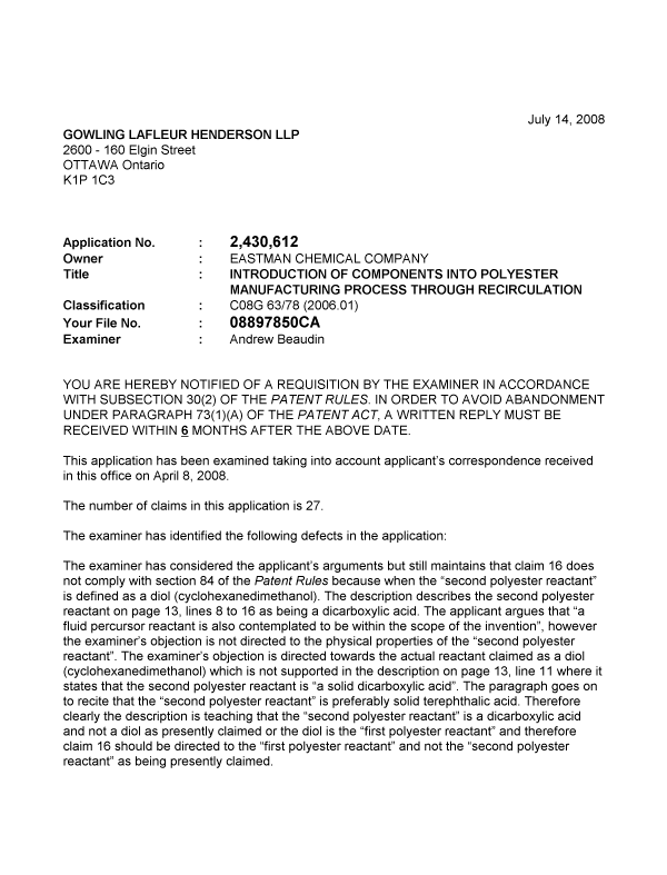 Document de brevet canadien 2430612. Poursuite-Amendment 20080714. Image 1 de 2