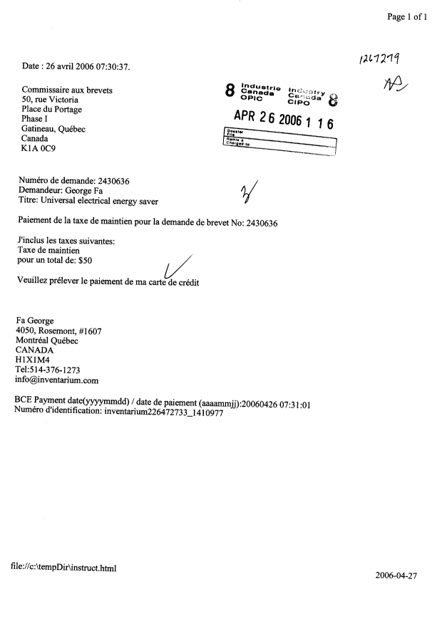 Canadian Patent Document 2430636. Fees 20060426. Image 1 of 1