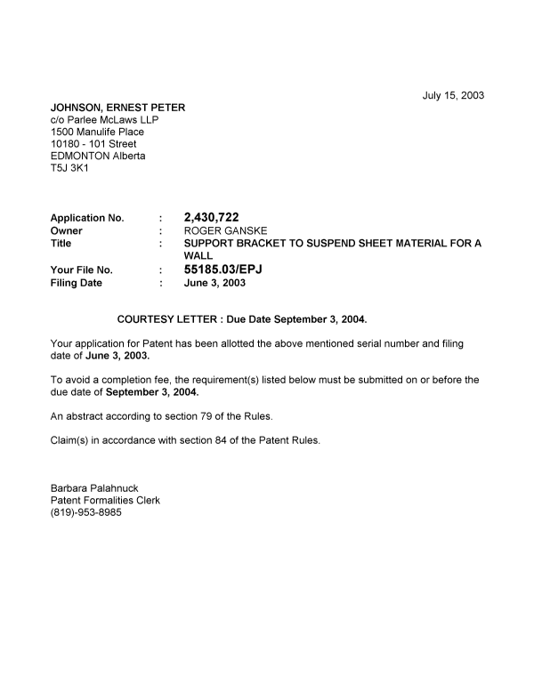 Document de brevet canadien 2430722. Correspondance 20030708. Image 1 de 1