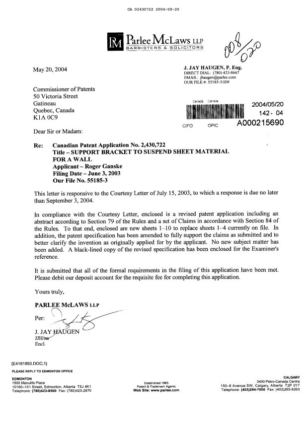 Document de brevet canadien 2430722. Correspondance 20040520. Image 1 de 6