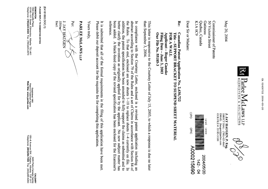 Document de brevet canadien 2430722. Poursuite-Amendment 20040520. Image 1 de 22