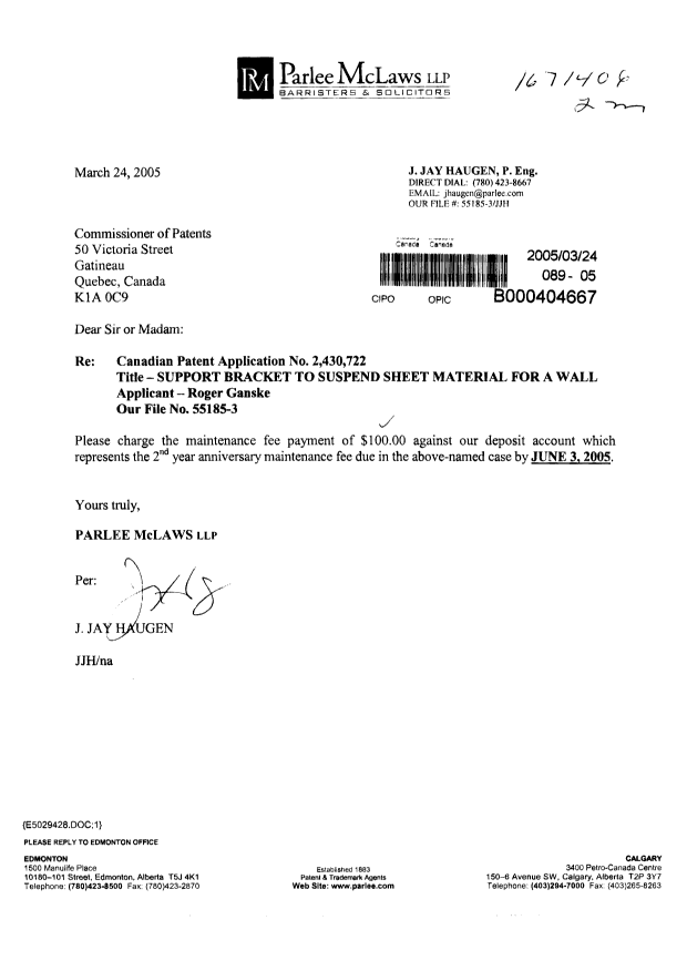 Document de brevet canadien 2430722. Taxes 20050324. Image 1 de 1