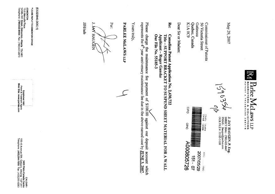 Document de brevet canadien 2430722. Taxes 20070529. Image 1 de 1