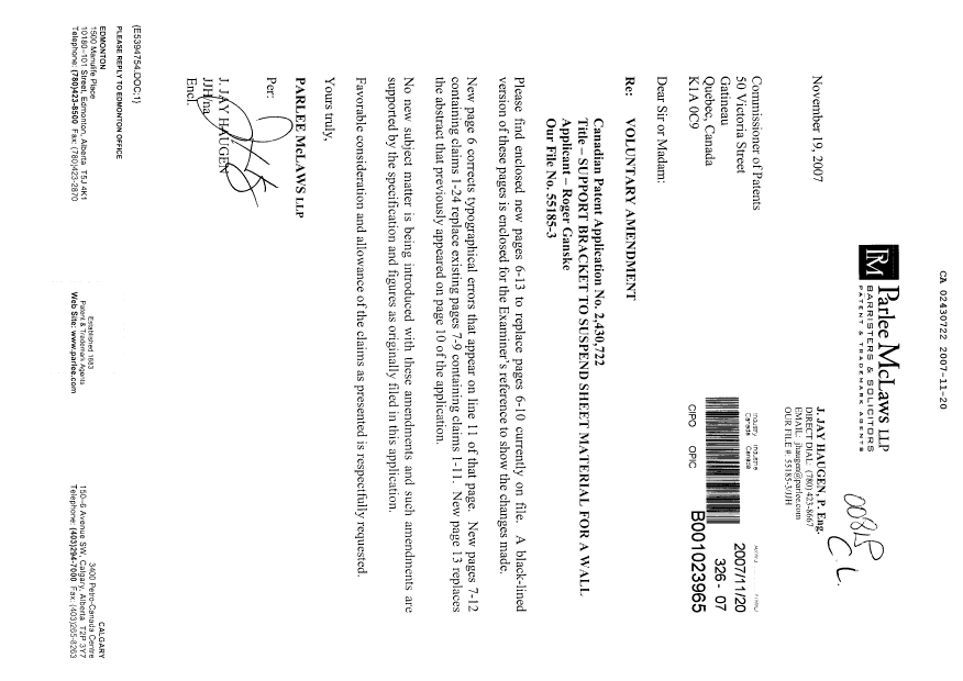 Document de brevet canadien 2430722. Poursuite-Amendment 20071120. Image 1 de 17