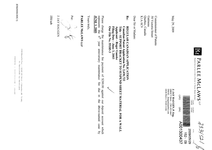 Document de brevet canadien 2430722. Taxes 20090529. Image 1 de 1