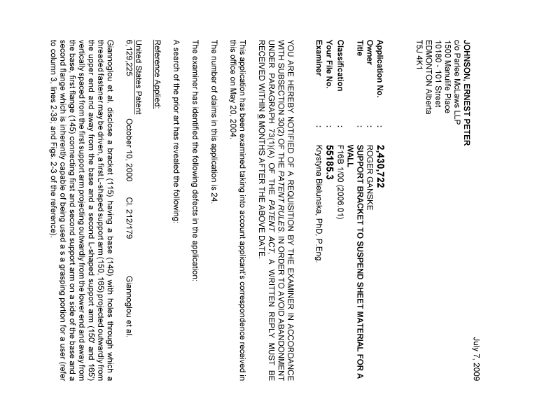 Document de brevet canadien 2430722. Poursuite-Amendment 20090707. Image 1 de 2