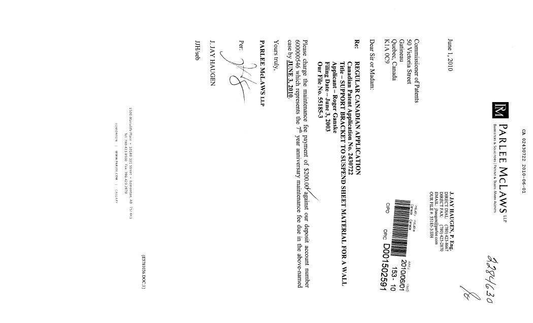 Document de brevet canadien 2430722. Taxes 20100601. Image 1 de 1