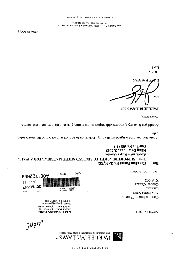 Canadian Patent Document 2430722. Correspondence 20110317. Image 1 of 2