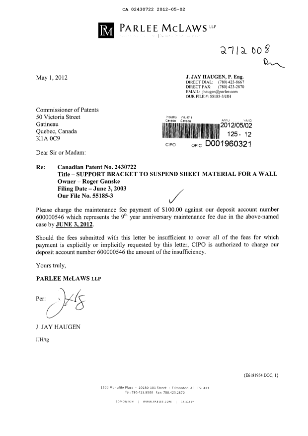 Document de brevet canadien 2430722. Taxes 20120502. Image 1 de 1