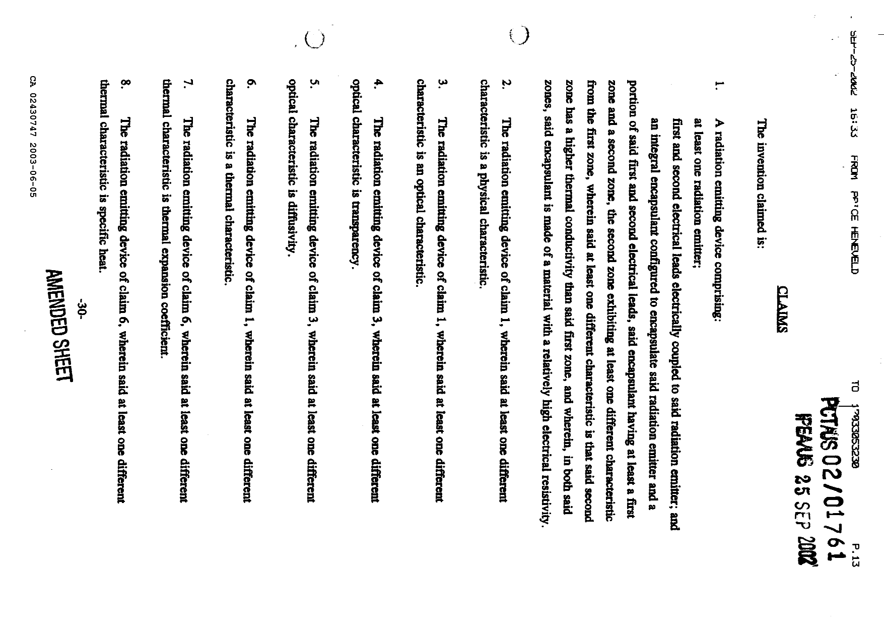 Document de brevet canadien 2430747. Revendications 20030605. Image 1 de 9