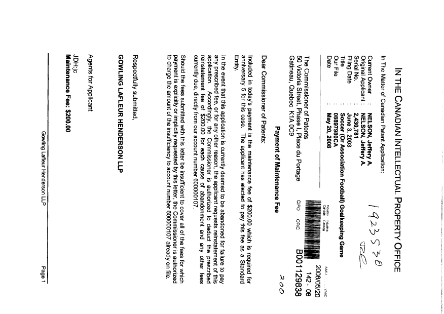 Document de brevet canadien 2430781. Taxes 20080520. Image 1 de 1