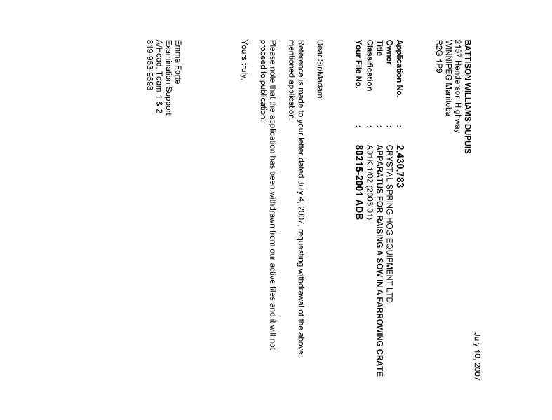 Document de brevet canadien 2430783. Correspondance 20070710. Image 1 de 1