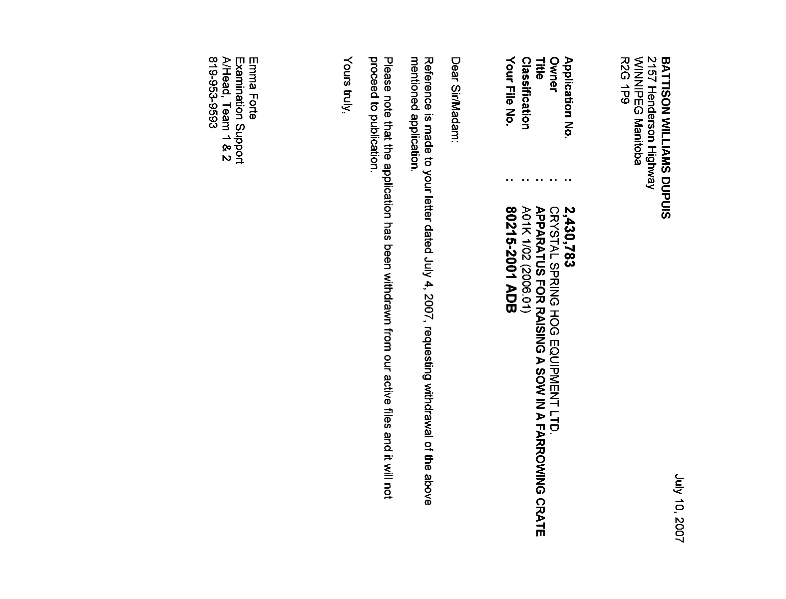 Canadian Patent Document 2430783. Correspondence 20070710. Image 1 of 1