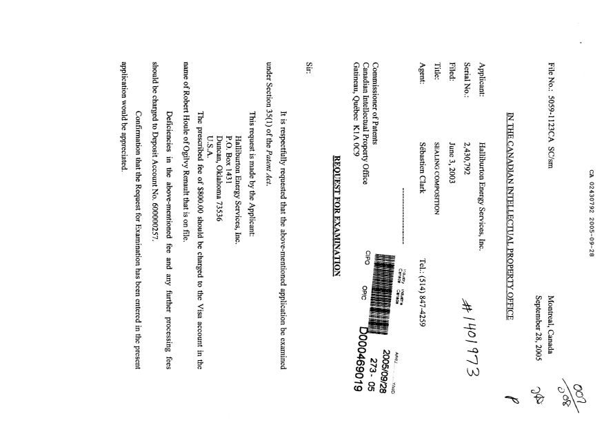Document de brevet canadien 2430792. Poursuite-Amendment 20050928. Image 1 de 2
