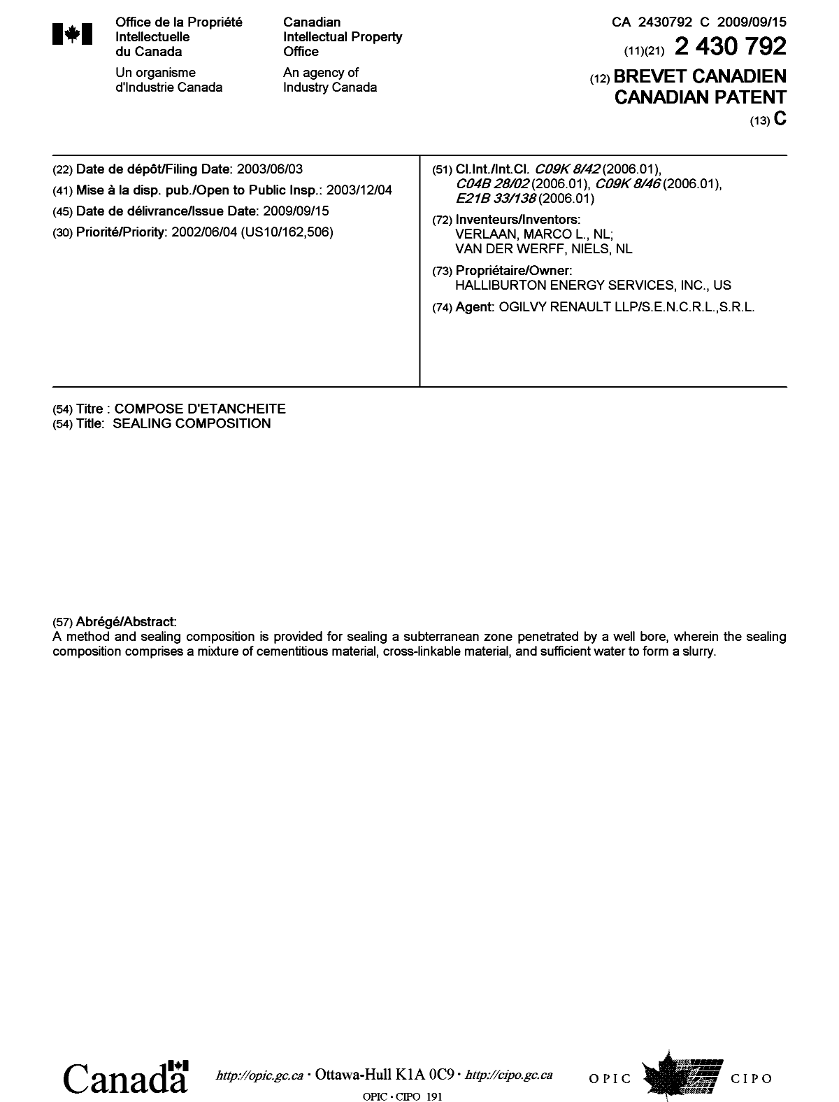 Document de brevet canadien 2430792. Page couverture 20090825. Image 1 de 1