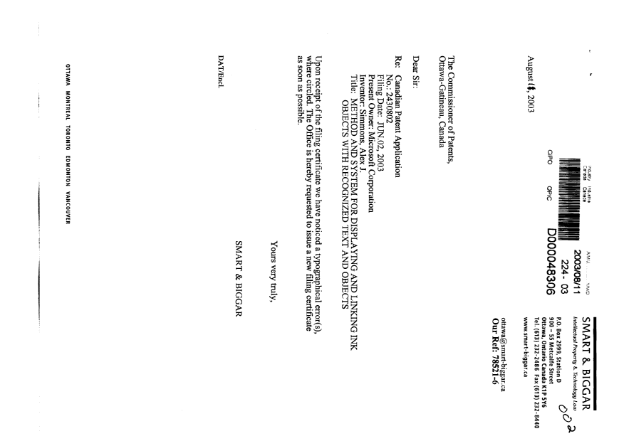 Document de brevet canadien 2430802. Correspondance 20030811. Image 1 de 2