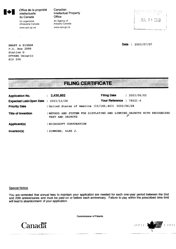 Document de brevet canadien 2430802. Correspondance 20030811. Image 2 de 2