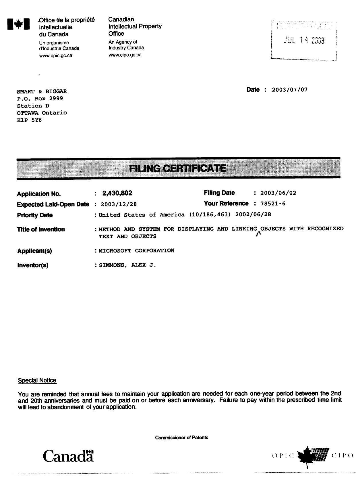 Canadian Patent Document 2430802. Correspondence 20030811. Image 2 of 2