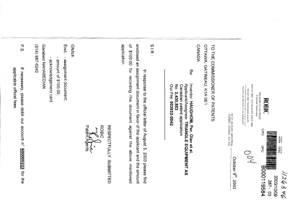 Canadian Patent Document 2430853. Assignment 20031009. Image 1 of 2